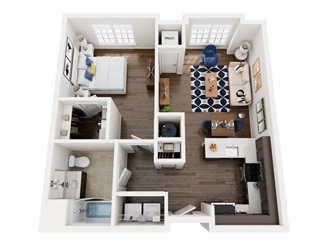 Floor plan for 1 bed, 1 bath, 755 sqft